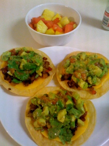 Roasted veggie "tacos" with an avacado citrus salad and a tropical fruit salad.
